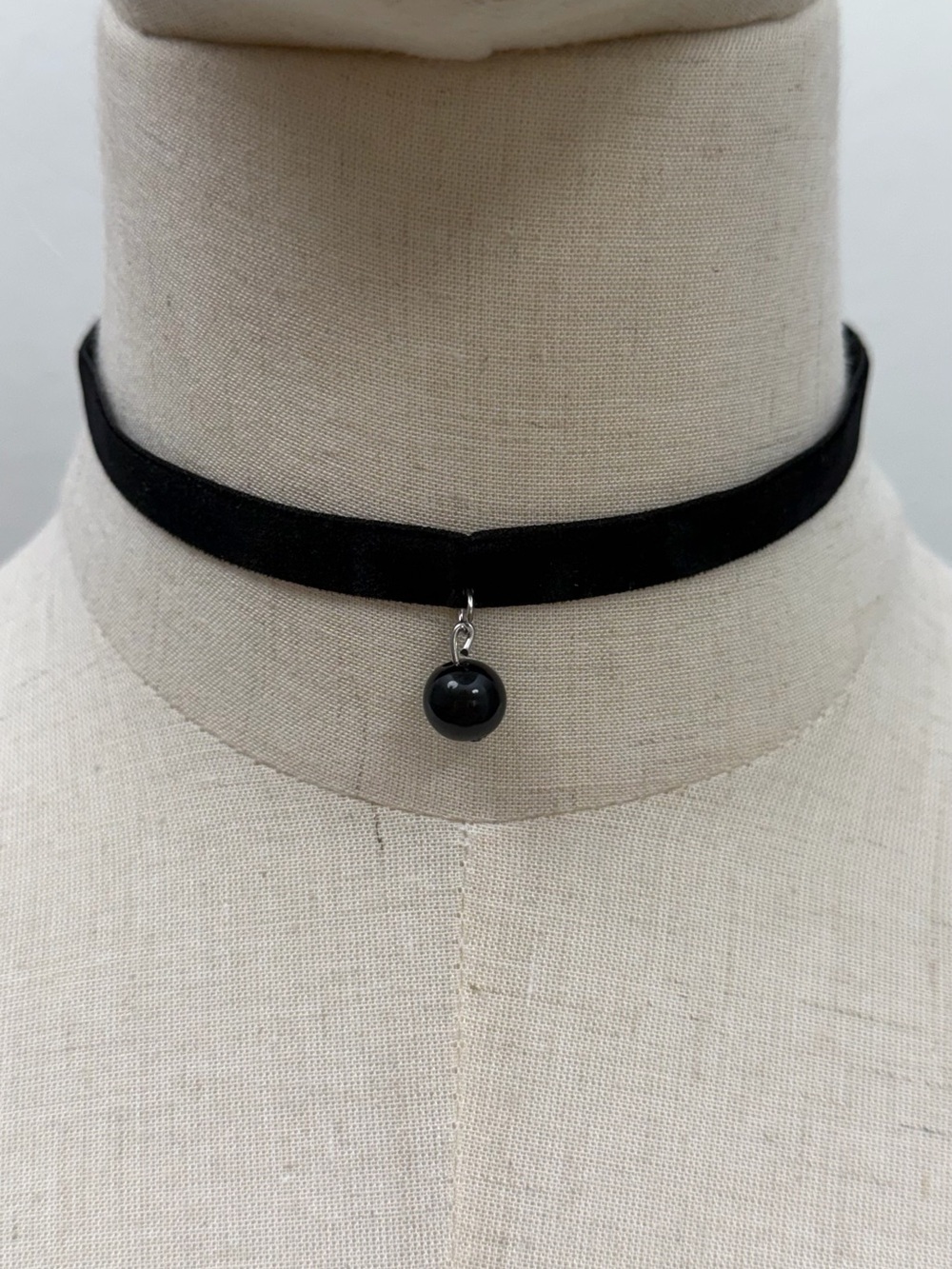 Black Velvet Choker Necklace with Black Bead Pendant Adjustable Gothic